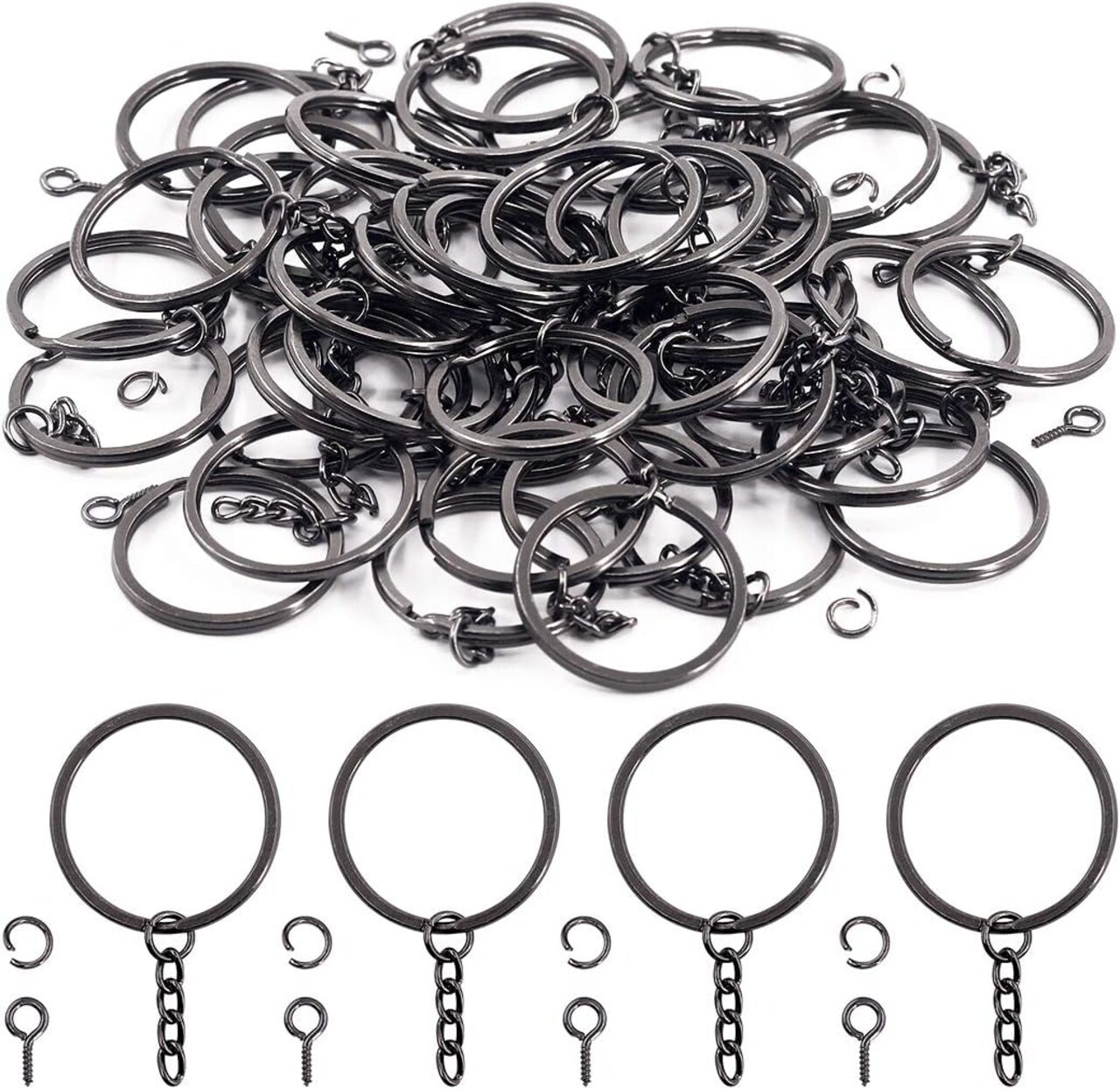 300Pcs 7/5 Inch 35mm Black Flat Key Chain Rings Kit, Including 100Pcs Split Keychain Rings with Chain and 100Pcs Jump Ring with 100Pcs Screw Eye Pins Bulk for Jewelry Findings Making